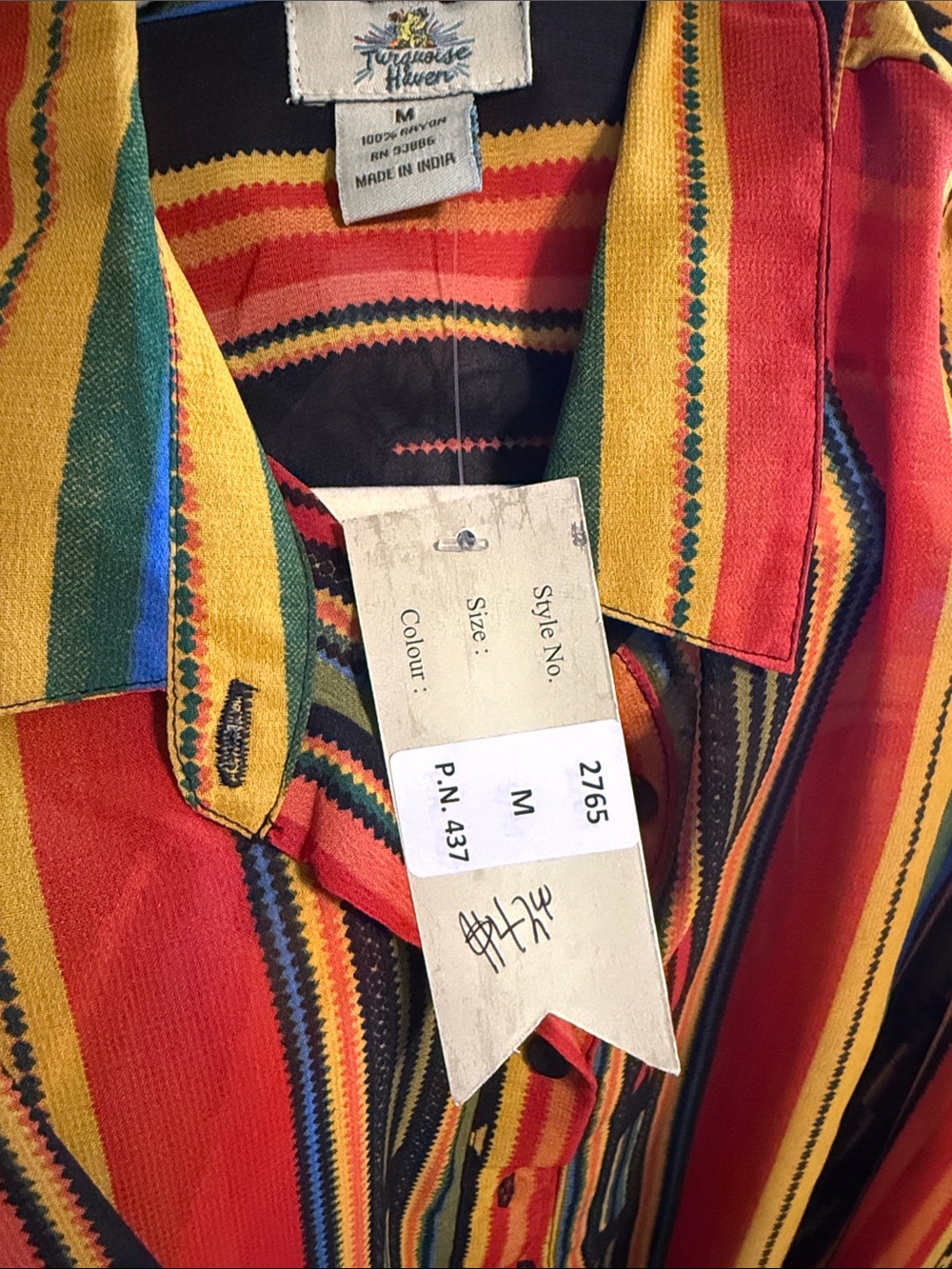 Womens Short-Sleeve Button-Down Shirt in Black with Red & Yellow Stripes - Picture 3 of 3
